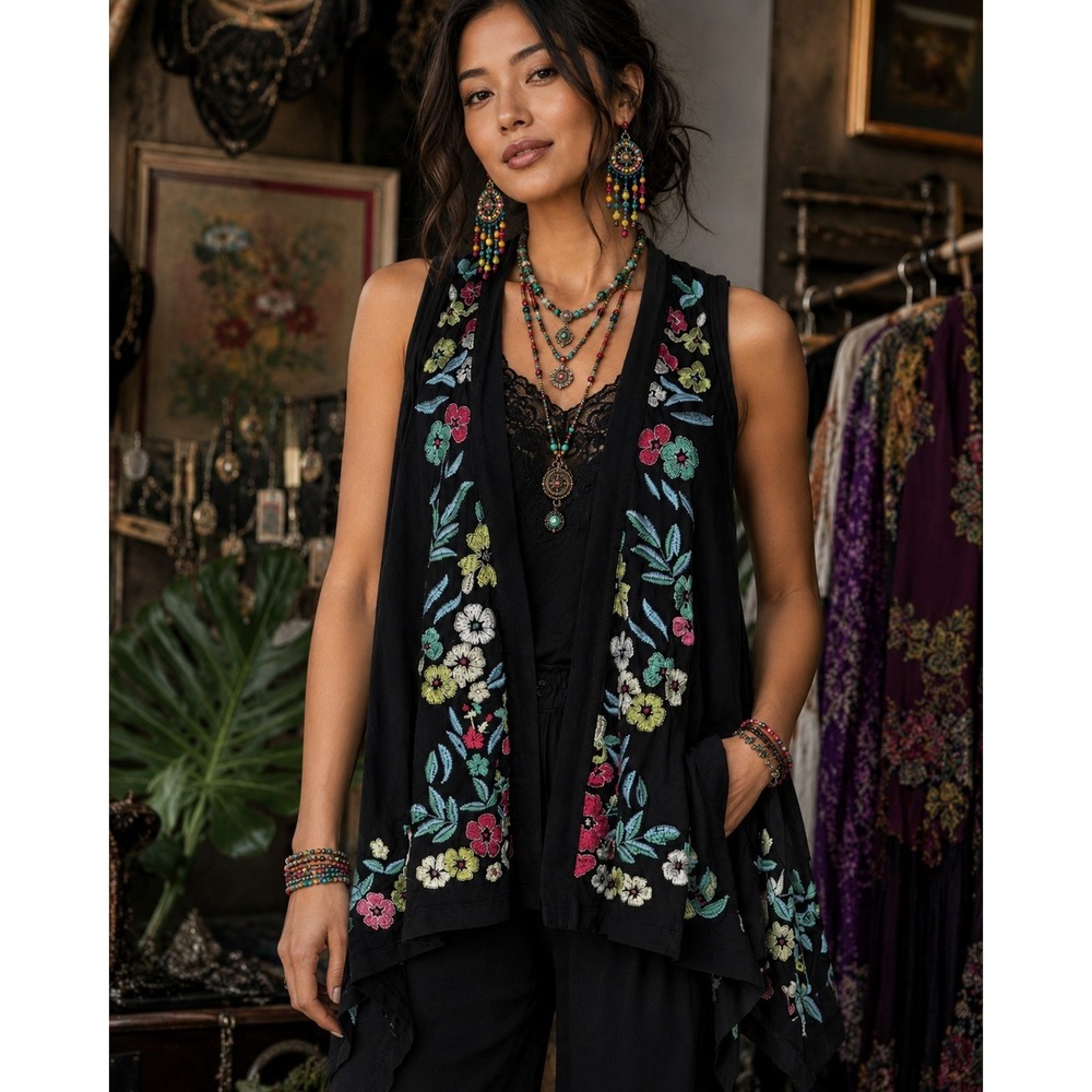 JW Los Angeles Johnny Was Black Floral Embroidered Drape Vest Medium Butterfly